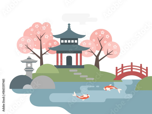 Classic Garden Pavilion on Hill with Koi Fish Swimming in Pond