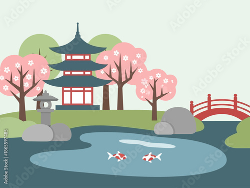 Serene Japanese Garden with Blue Pagoda and Stone Lantern