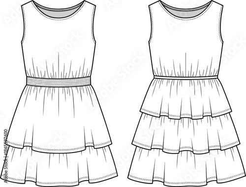 Technical fashion sketch set of sleeveless tiered summer dresses with ruffled skirts and round necklines isolated on white for apparel design