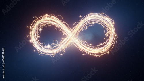 A glowing infinity symbol made of sparkling light trails on a dark background with a gradient effect