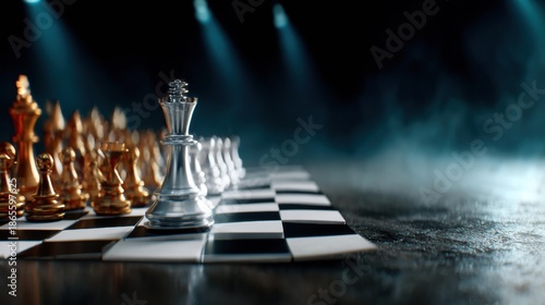 Chess game with golden and silver pieces on a checkered board in a dimly lit setting with fog effects during the evening