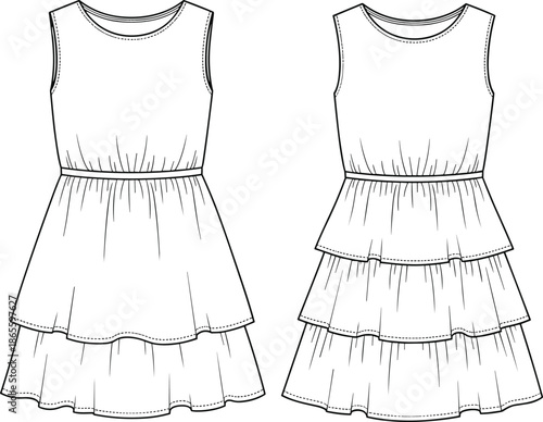 Technical fashion sketches of sleeveless tiered summer dresses with ruffled skirts and round necklines isolated on white background for apparel design
