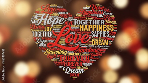 A heart shaped word cloud illustration with love and happiness related words in a romantic blurry background