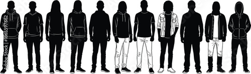 Large group of diverse men standing in a row silhouettes wearing casual street clothing isolated on a white background for community design