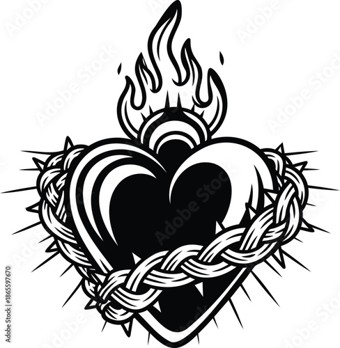 black and white illustration of a heart with flames and barbed wire tattoo design element