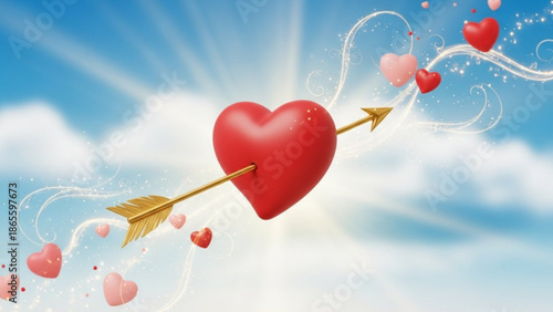 A large red heart pierced by a golden arrow surrounded by smaller hearts in a sunny sky