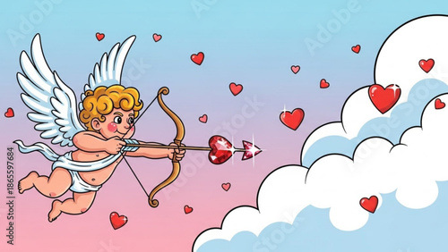 A cute cherub with wings and a bow shoots a heart-shaped arrow into a cloud surrounded by hearts