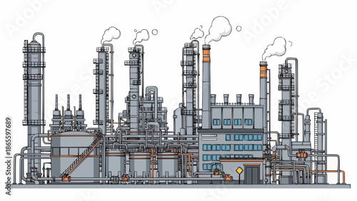 Industrial oil refinery complex with smoke stacks emitting steam.