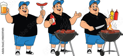 Funny Cartoon Character Grilling Steaks and Sausages on Barbecue with Beer and Condiments for Summer Garden Party and BBQ Events