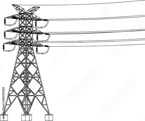 High Voltage Electric Transmission Tower Silhouette with Power Lines for Energy Infrastructure Industrial Electricity Distribution and Global Power Grid Systems