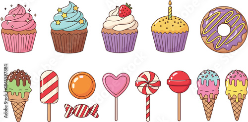 Set of cute kawaii dessert icons including colorful cupcakes ice cream cones lollipops donuts and sweet candies on white background