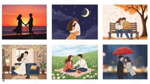 A set of six vector graphic illustrations depicting romantic couples in various settings and scenarios