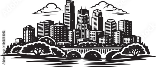 Tableau sur toile Minneapolis City Skyline Silhouette Black and White Vector Illustration