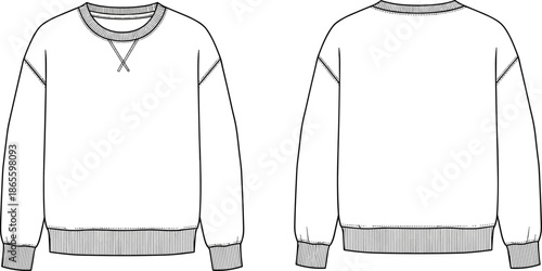 Technical Flat Vector Illustration of a Crew Neck Sweatshirt Template Featuring Ribbed Trim and V-Stitch Detail for Fashion Design Development