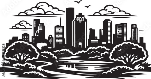 Houston City Skyline Silhouette Black and White Vector Illustration