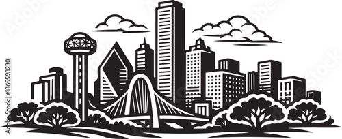 Dallas City Skyline Silhouette Black and White Vector Illustration