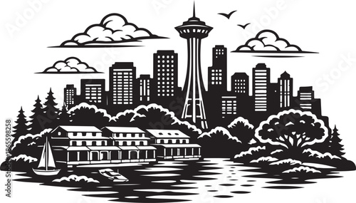 Seattle City Skyline Silhouette Black and White Vector Illustration