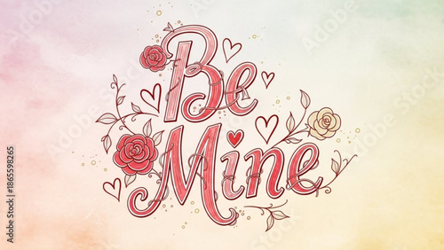 A vector graphic illustration of 'Be Mine' text surrounded by hearts and roses on a colorful background
