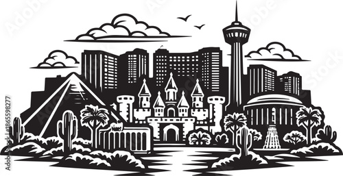 Las Vegas City Skyline Silhouette Black and White Vector Illustration
