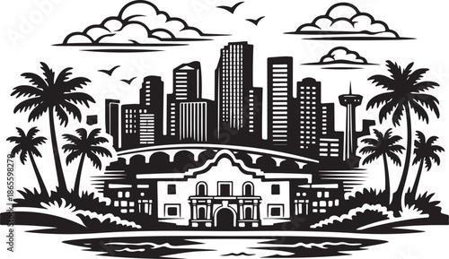 Miami City Skyline Silhouette Black and White Vector Illustration