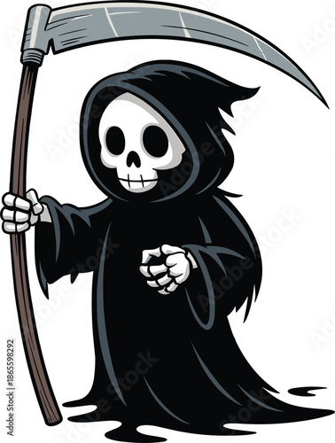 A cartoon skeleton with a black hooded cloak holding a large scythe white gray
