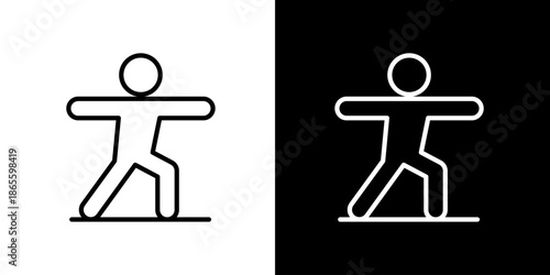 Yoga warrior pose icon in black and white, representing balance and strength