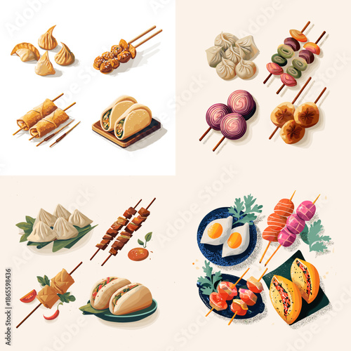 Illustration of Asian street food skewers buns and grilled snacks. Assorted savory bites arranged neatly for festival menus and food branding visuals.