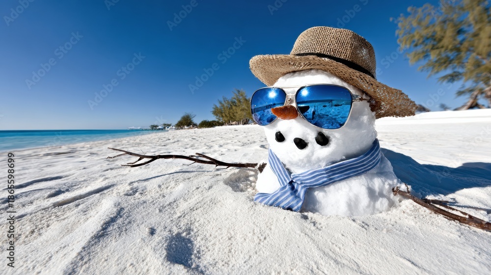 Fototapeta premium Snowman on a beach by the ocean wearing sunglasses and a hat during a sunny day in a tropical location