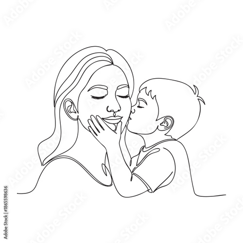 Mother and son embracing with son kissing mother's cheek