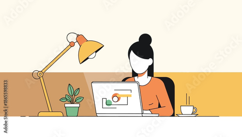 Woman Working on Laptop at Desk.