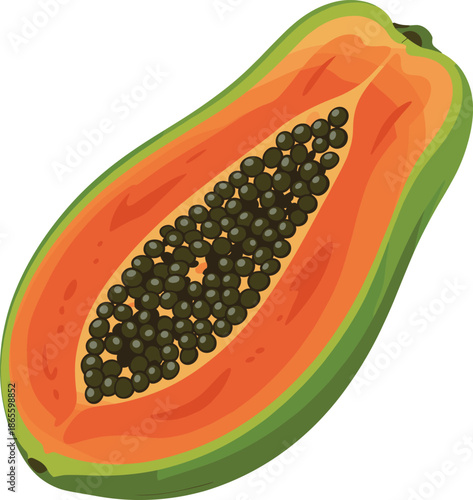 A halved papaya with black seeds and orange flesh on a white background fruit