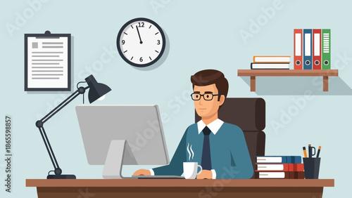 Man Working on Computer at Desk.