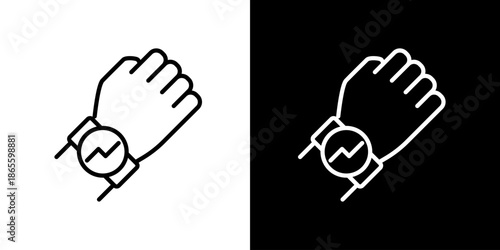 Line icon hand with modern smartwatch showing pulse symbol. Ideal for health monitoring, fitness tracking, and wearable digital technology