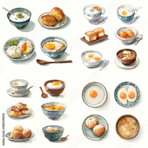 Illustration of breakfast style Asian meals with eggs bread porridge and soup. Warm comfort foods served in bowls and cups for menu layouts and lifestyle visuals.