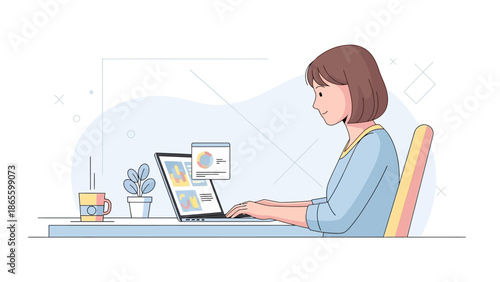 Woman Working on Laptop Computer at Desk.