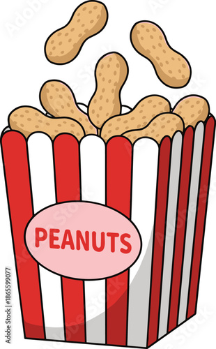 A red and white striped popcorn container filled with peanuts and labeled with the word peanuts red and white stripes