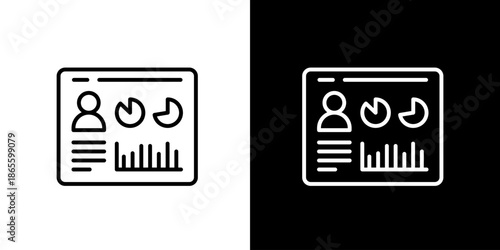 Modern Line Icon of a Data Analytics Dashboard for Business Performance Tracking and Reporting, Displaying User Profile, Pie Chart, and Bar Graph Interface