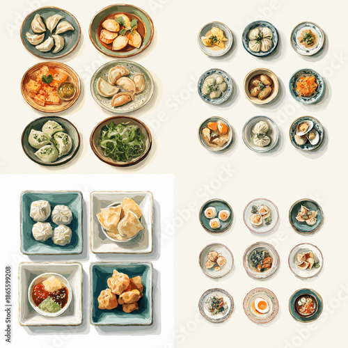 Top view illustration of assorted dim sum and small Asian dishes served in bowls and plates. Traditional bite sized foods arranged neatly for menu and food branding visuals.