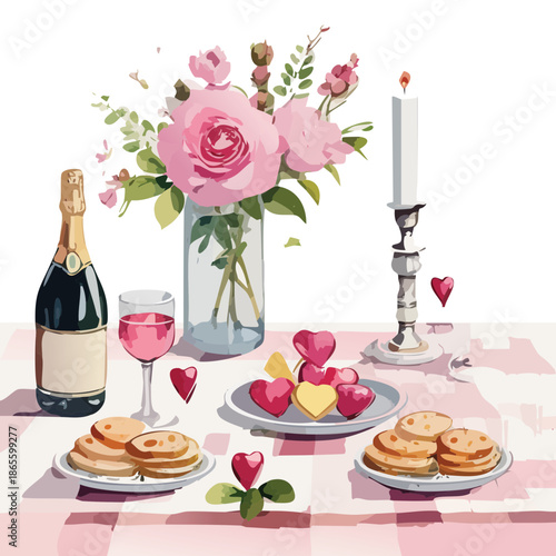 Valentine’s Day Romantic Breakfast Table Vector Illustration — Watercolor-Style Scene with Roses, Heart Cookies, Pancakes, Champagne, and Candle