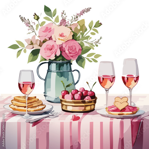 Valentine’s Day Floral Brunch Table Vector Illustration — Watercolor-Style Romantic Scene with Roses, Pancakes, Cherries, and Wine