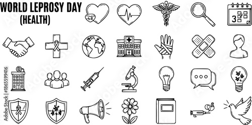 World Leprosy Day Health Icons: Line Art Collection of Medical Symbols for Awareness