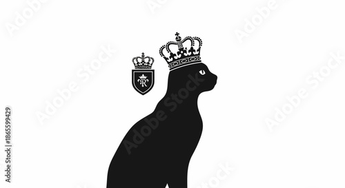 Elegant illustration of a proud black cat silhouette adorned with a regal crown, accompanied by a sophisticated royal crest emblem, symbolizing feline nobility and grace