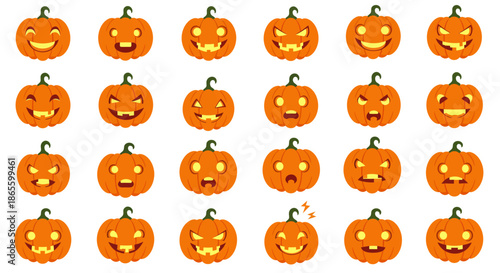 Vibrant collection of illustrated jack-o'-lanterns, showcasing diverse spooky, funny, and cheerful pumpkin expressions ideal for Halloween designs and autumn celebrations