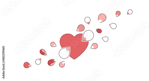 A red heart with scattered petals and leaves symbolizing love and romance