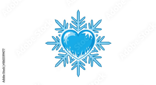 Vibrant blue heart nestled within an intricate frosty snowflake design, symbolizing winter affection, enduring love, and cool, refreshing emotions in a stylized graphic illustration