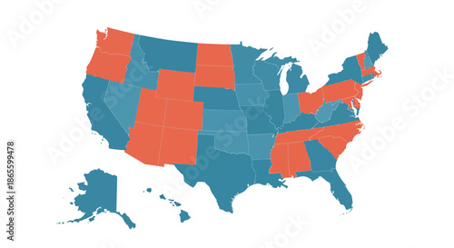 United States Map Illustrating State-Level Data Distribution with Two Distinct Color Categories for Visual Analysis of Regional Trends and Information