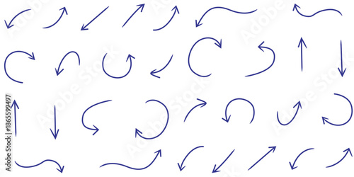 Collection of hand drawn blue arrows and curved lines on a white background