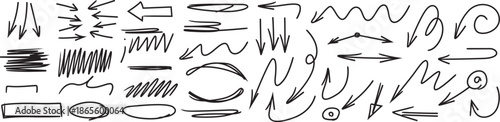 Collection of various hand drawn arrow shapes and scribble lines on a white background