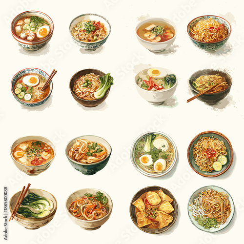 Illustration of assorted noodle and soup dishes served in bowls. Colorful Asian meals with vegetables and toppings arranged neatly for culinary presentation.