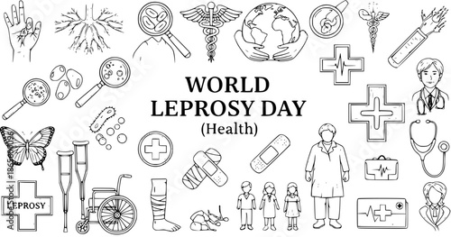 World Leprosy Day Black and White Line Art Vector Set for Medical Health Awareness: Hand-drawn Icons of Leprosy Symptoms, Bacteria, Healthcare, Treatment, and Support Symbols.